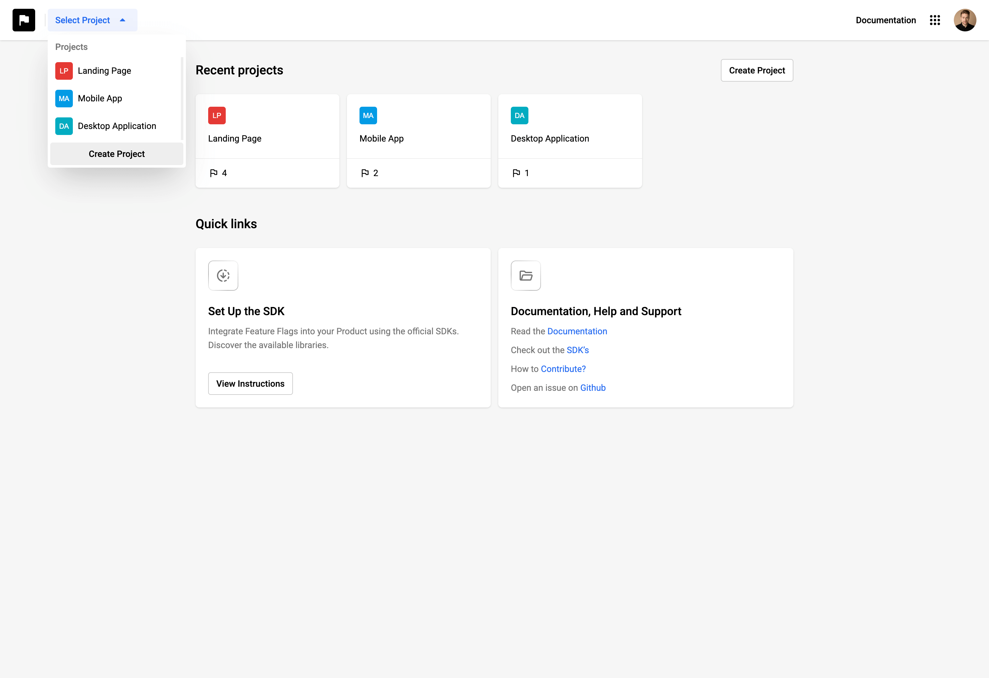 A control panel showing multiple projects and environments with intuitive feature flag management controls.