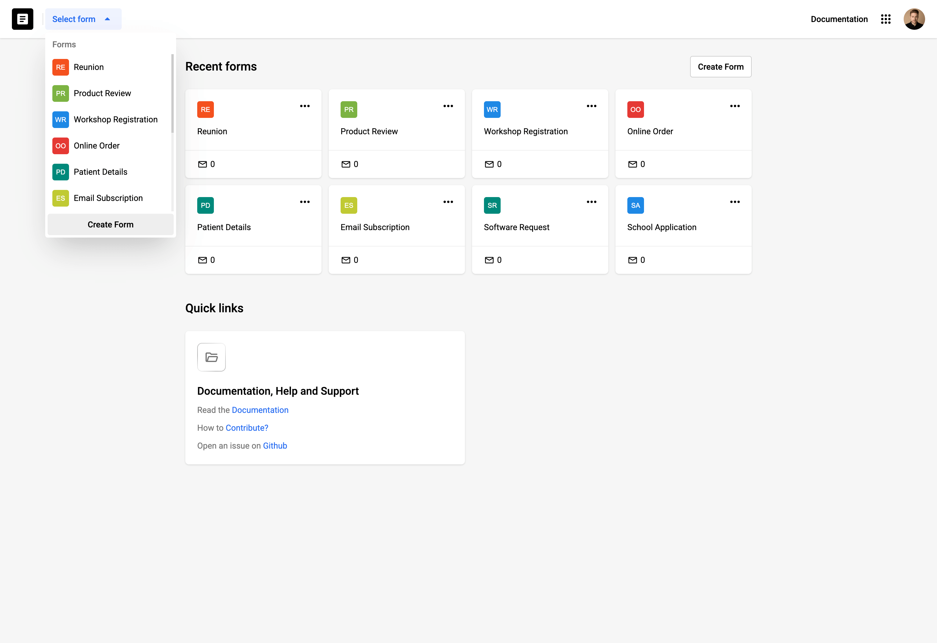 Screenshot of the Basestack Forms dashboard showing a list of forms.